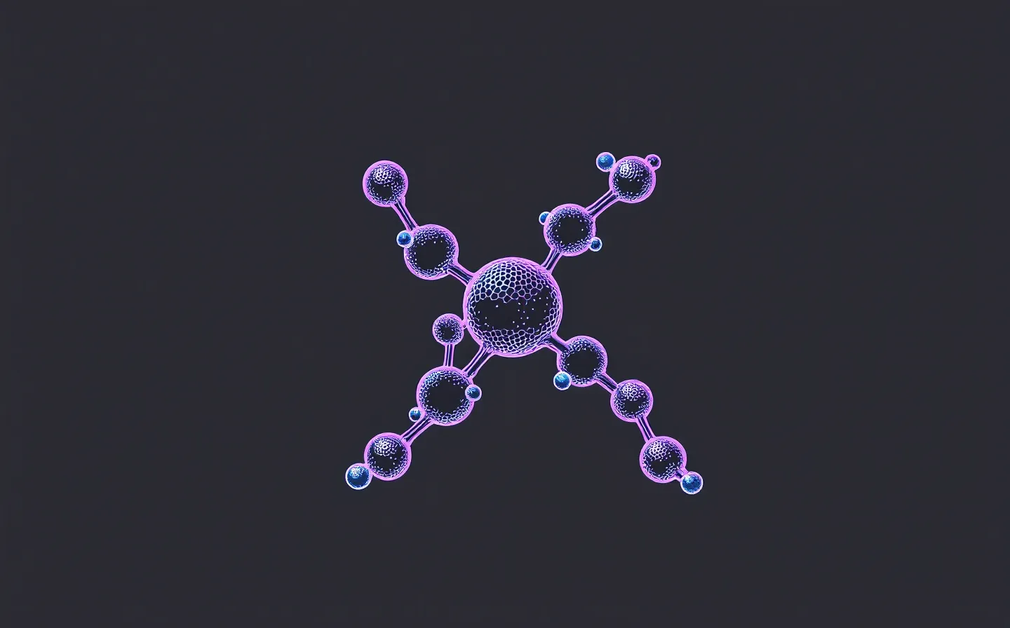 Electric violet seven-bead peptide-chain motif capping a single neutral globular monomer node with a teal active site, a thin indigo-violet-cyan gradient accent stroke, on a deep graphite-violet ground